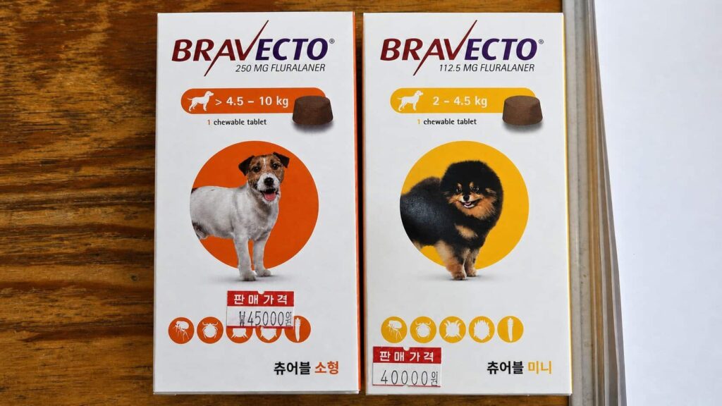 브라벡토 츄어블 소형(4.5-10kg) 45,000원·미니(2-4.5kg) 40,000원 — 강아지 체중별 외부기생충 약 가격