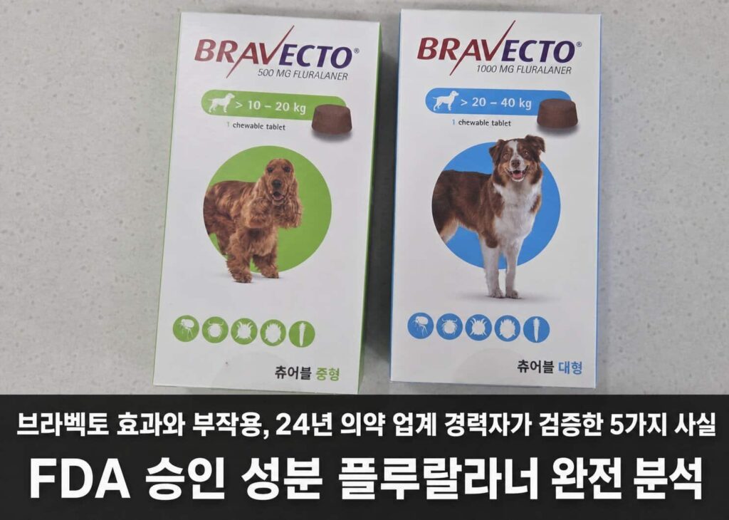 브라벡토 효과와 부작용 — FDA 승인 성분 플루랄라너 츄어블 중형(10-20kg)·대형(20-40kg) 외부기생충 약