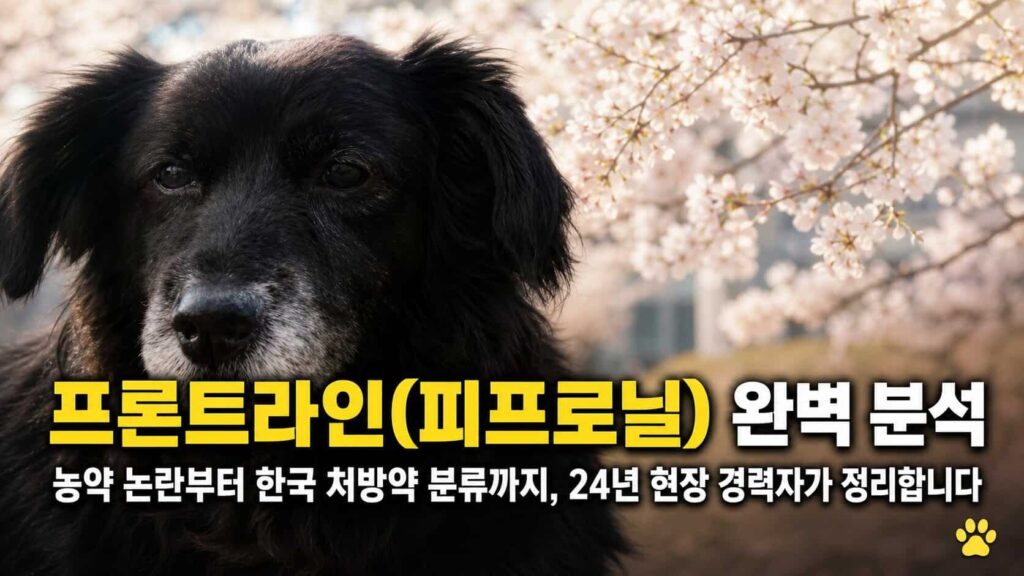 프론트라인 피프로닐 완벽 분석 — 벚꽃 배경의 검은 강아지 깜순이
