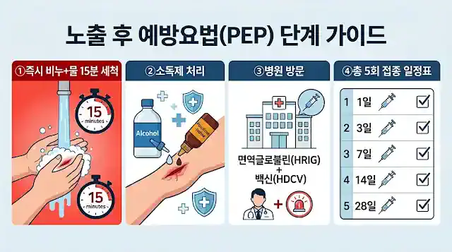 광견병 노출 후 예방요법 PEP 단계 가이드 - 상처 세척 소독 병원 방문 총 5회 백신 접종 일정표